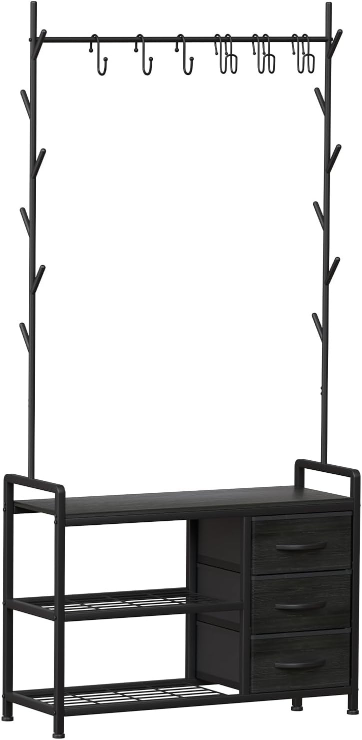 Industrial Coat Rack with Drawer & Shelves | Hall Tree Stand with 6 Hooks