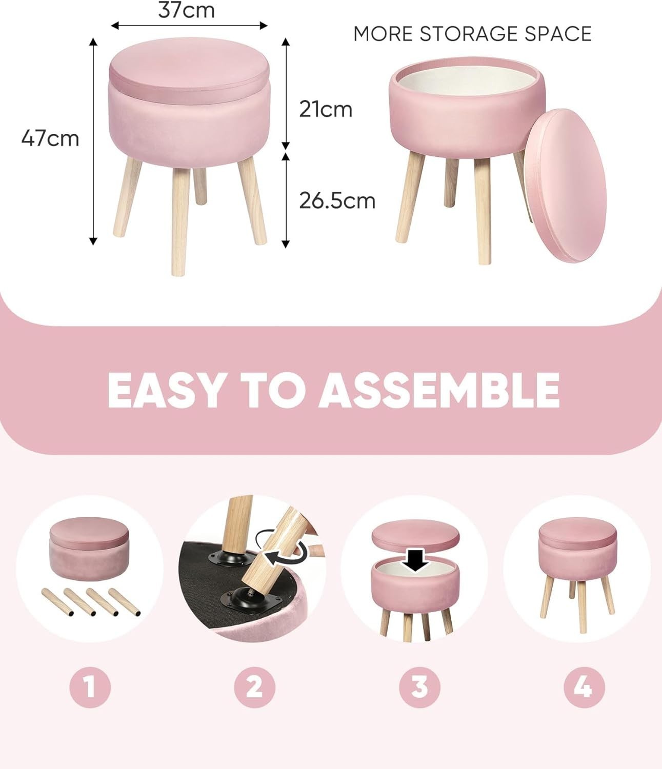 Pink Velvet Round Storage Ottoman Stool Flip-Top Footrest Coffee Table Seat