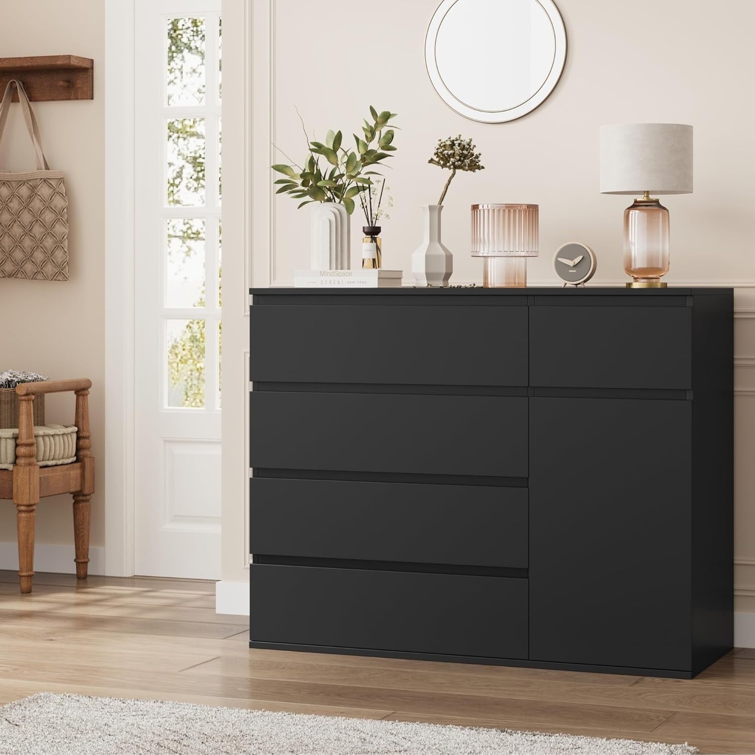 Black Chest of Drawers 5 Drawer 1 Door Cabinet Wide Storage Unit 100cm