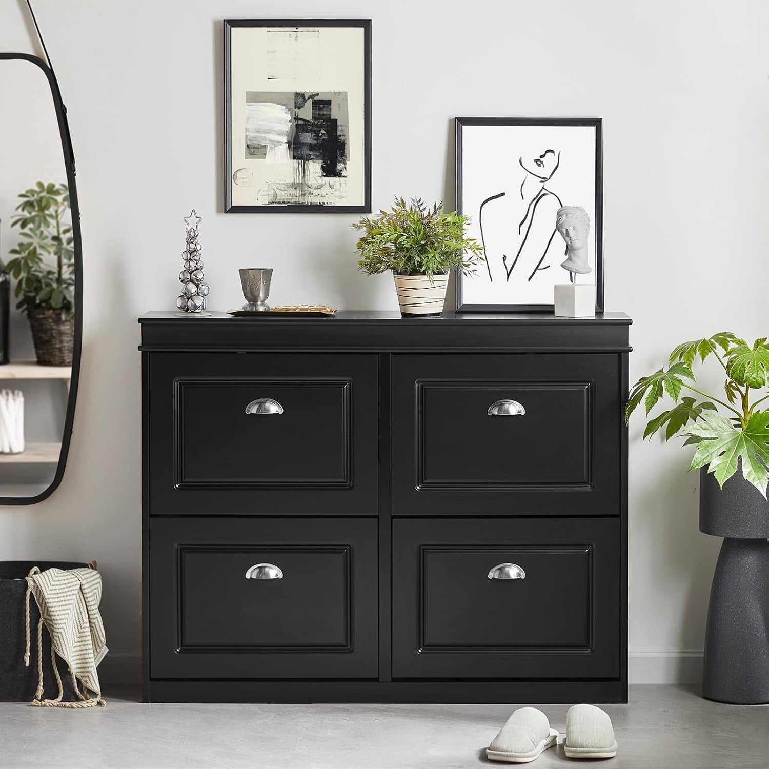 Slim Shoe Storage Cabinet with 4 Flip Drawers, Space-Saving 105x24x82cm