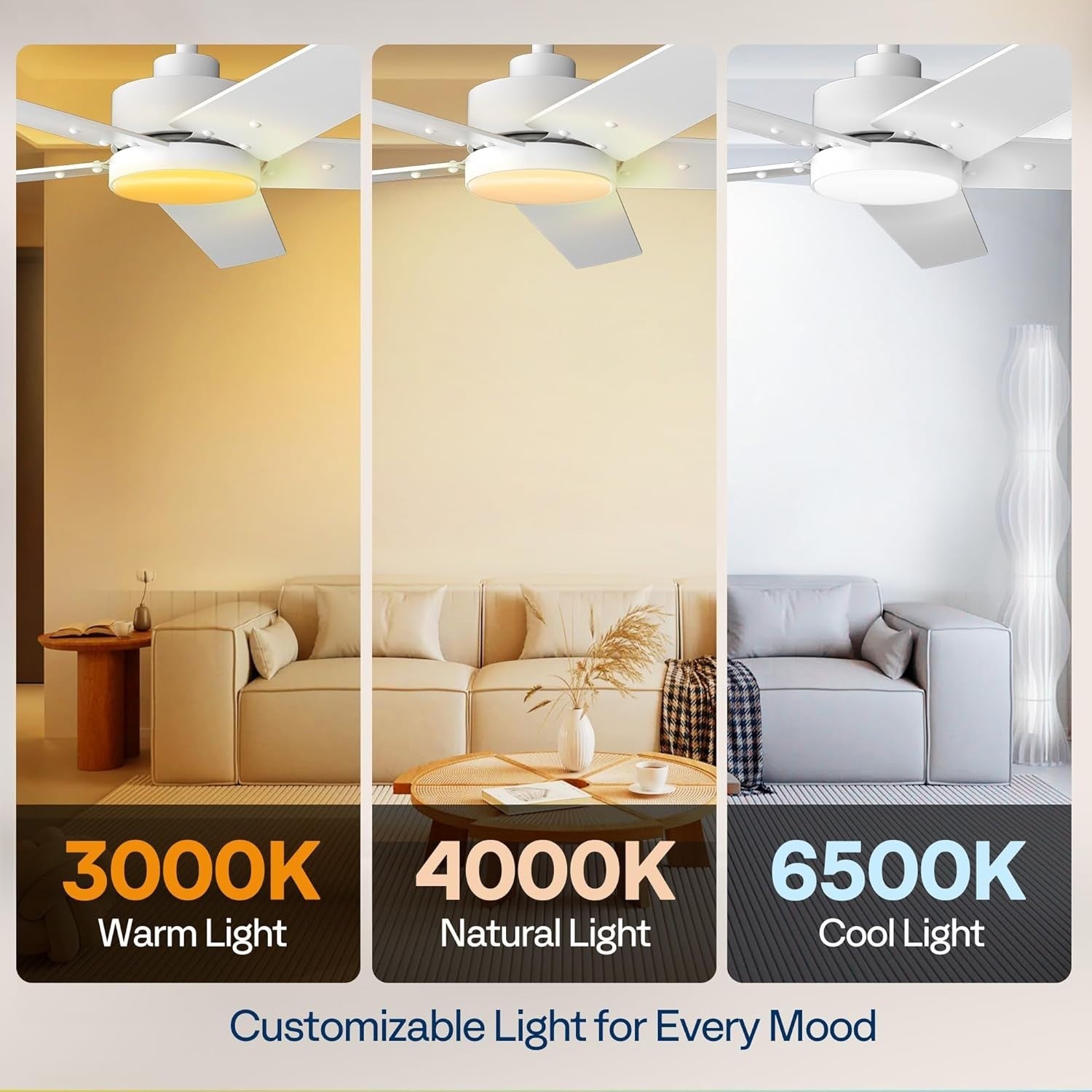 VIVOHOME 52"" Ceiling Fan with Lights, Remote, 6 Speeds, 3CCT Dimmable, Timer
