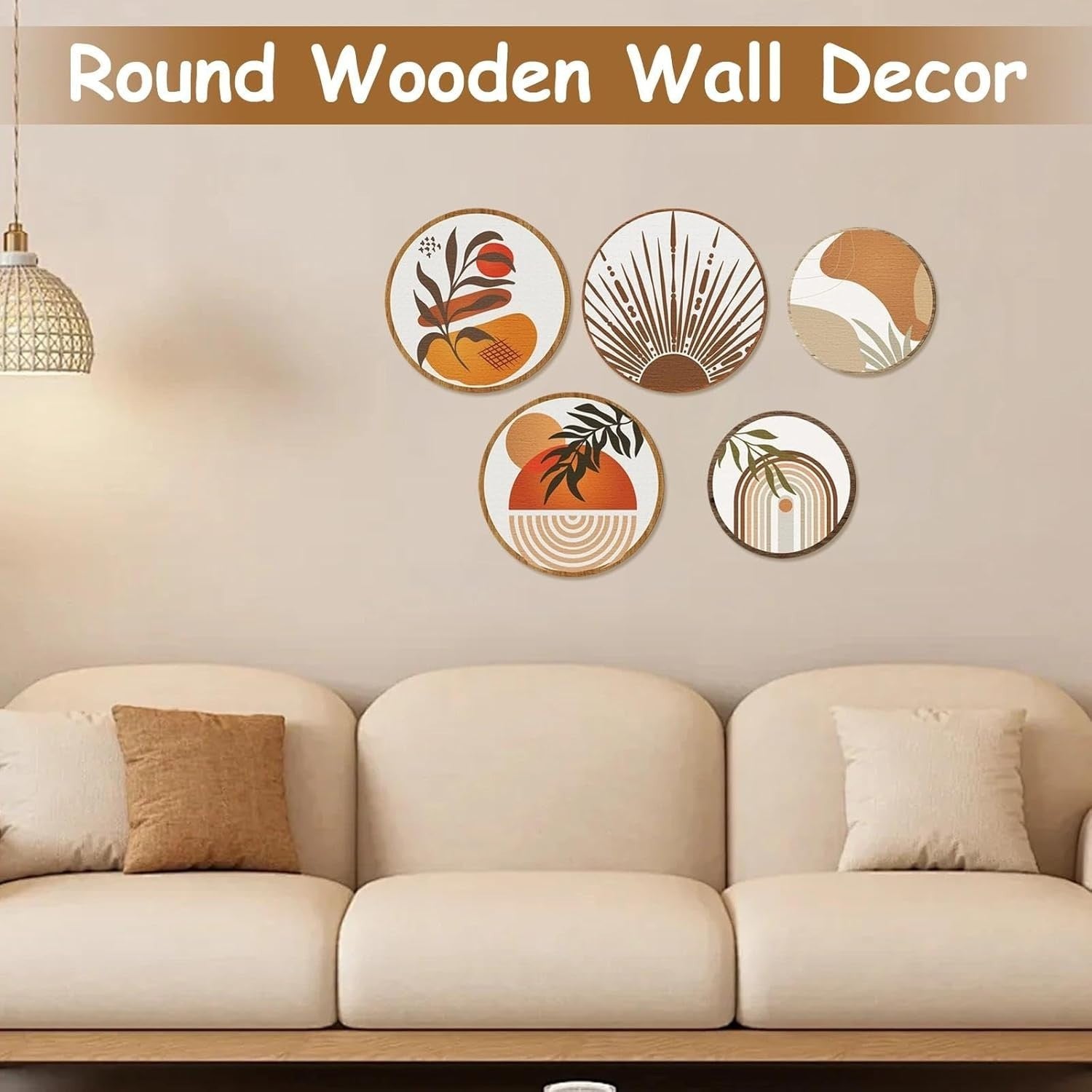 5-Piece Boho Wooden Wall Art Round Panels Living Room Decor