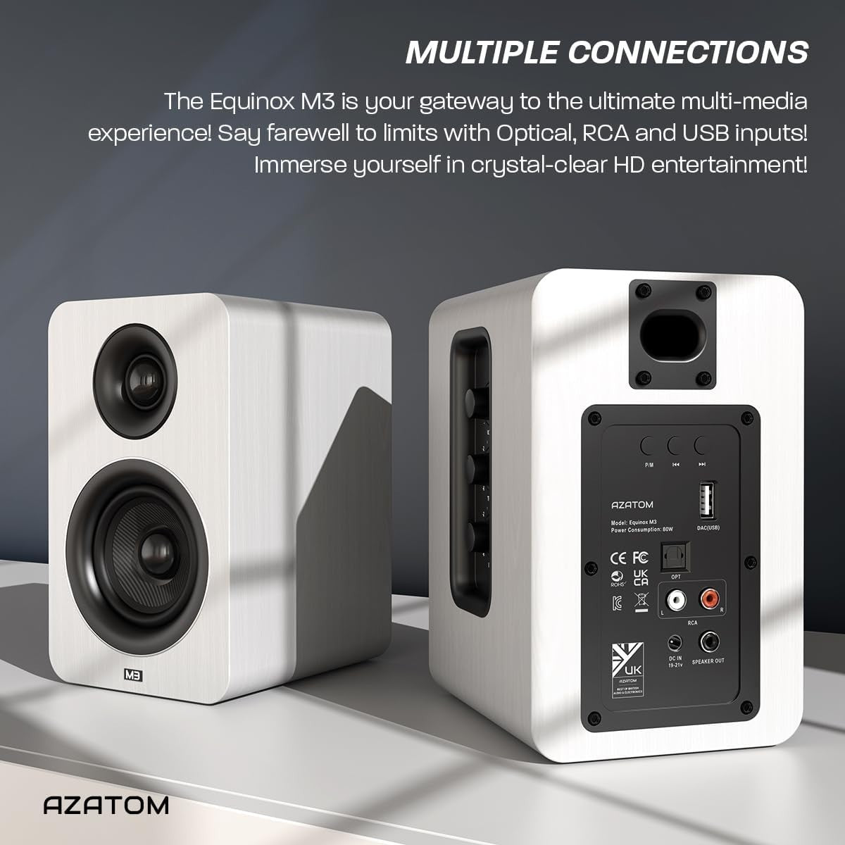 60W Bluetooth Bookshelf Speakers White 24bit DAC Carbon Fibre Optical
