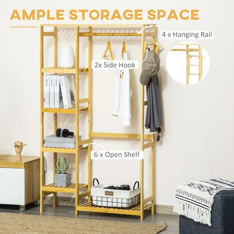 Bamboo Garment Rack with Hanging Rail & Shelves | Clothes Stand & Hooks