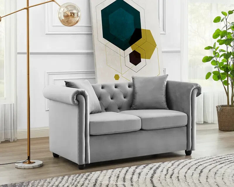 2 Seater Chesterfield Sofa Grey Velvet Scroll Arms Plush Living Room