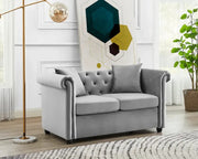 2 Seater Chesterfield Sofa Grey Velvet Scroll Arms Plush Living Room