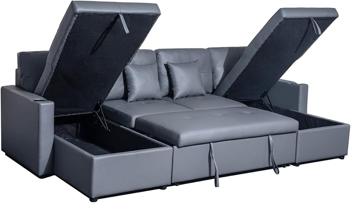 Grey Bonded Leather U-Shaped 4 Seater Sofa Bed with Storage & Pull-Out