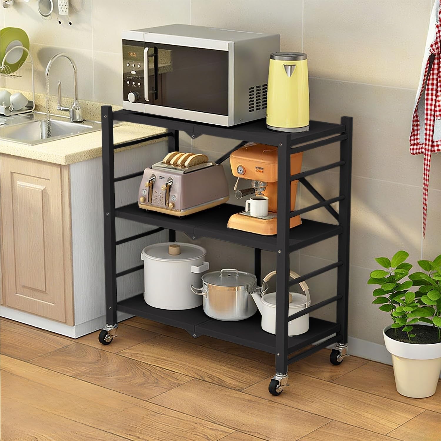 3 Tier Folding Storage Shelving Unit on Wheels Metal Rack Kitchen Garage
