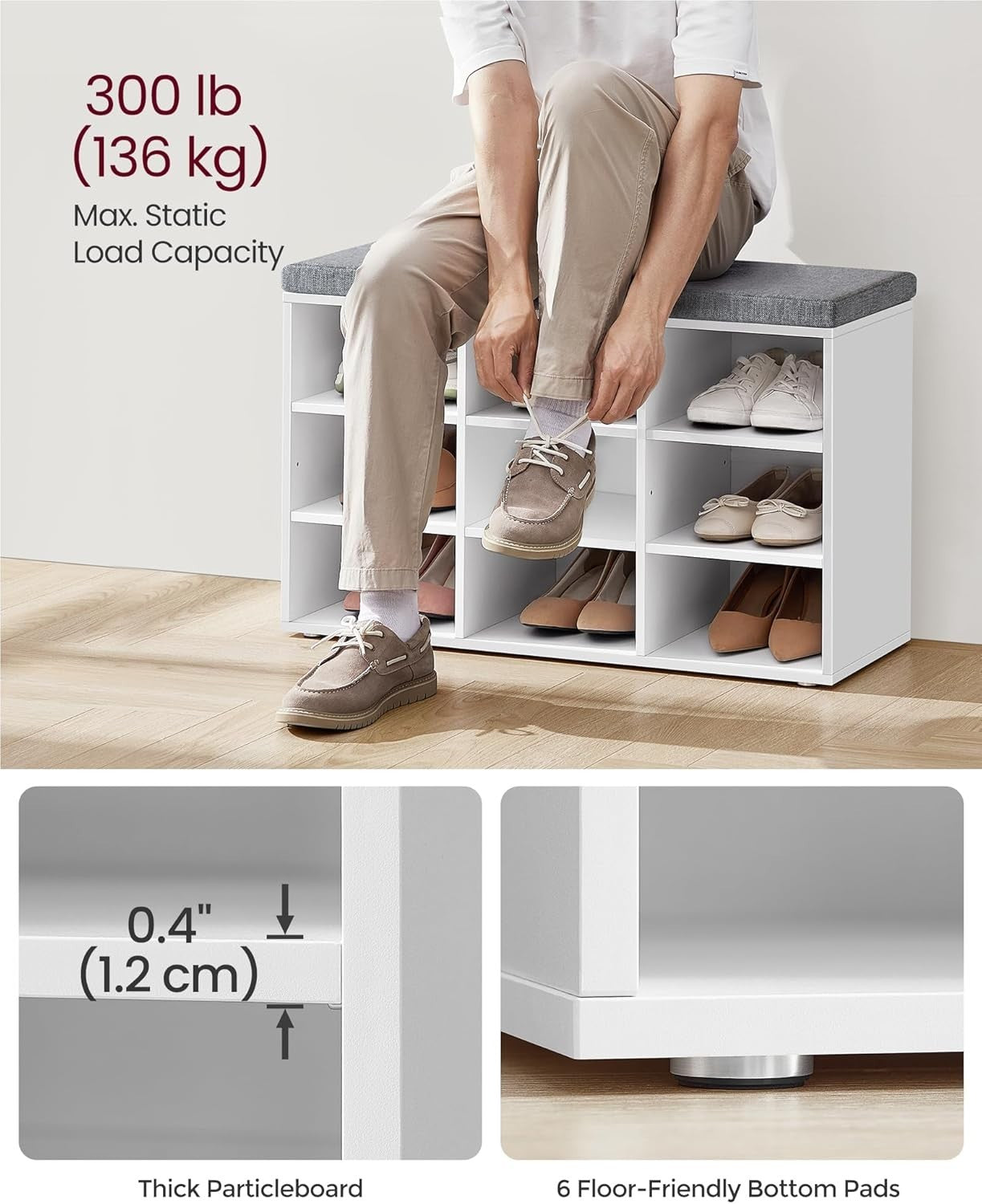 Shoe Bench with Cushion Storage Seat, 9 Compartment Hallway Unit, White
