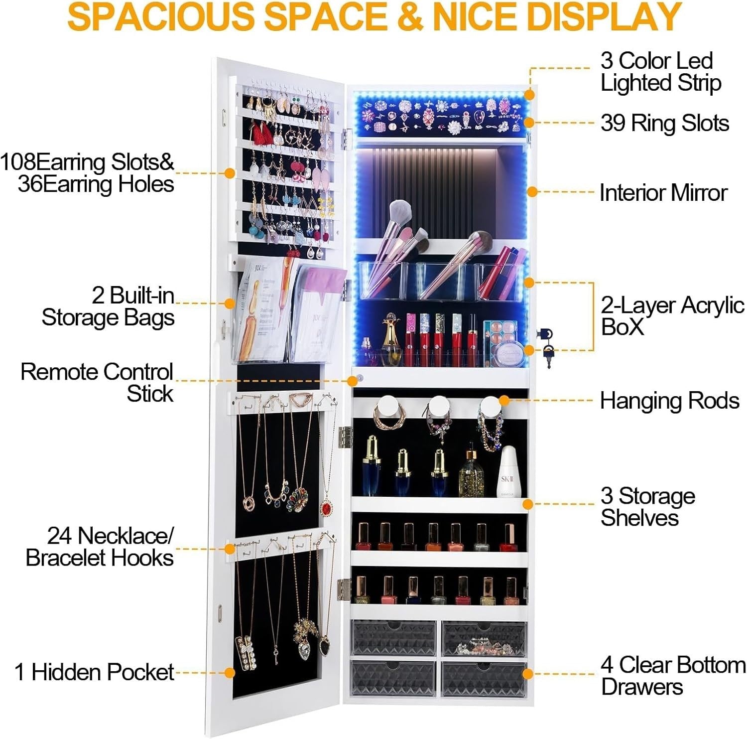 Lighted Full Length Jewelry Armoire Lockable Mirror Storage Cabinet Brown