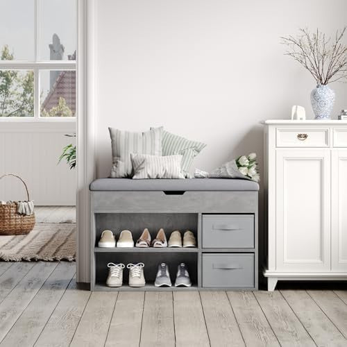 Mondeer Grey Shoe Bench with Storage Drawers & Cushion – Hallway Rack 8 Pairs
