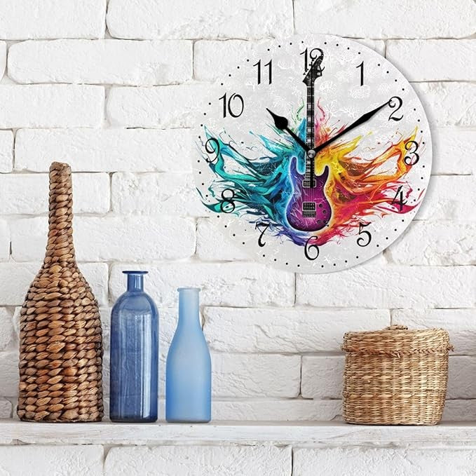 Colourful Guitar Wall Clock 25cm Music Art Silent Non-Ticking Creative Home Deco