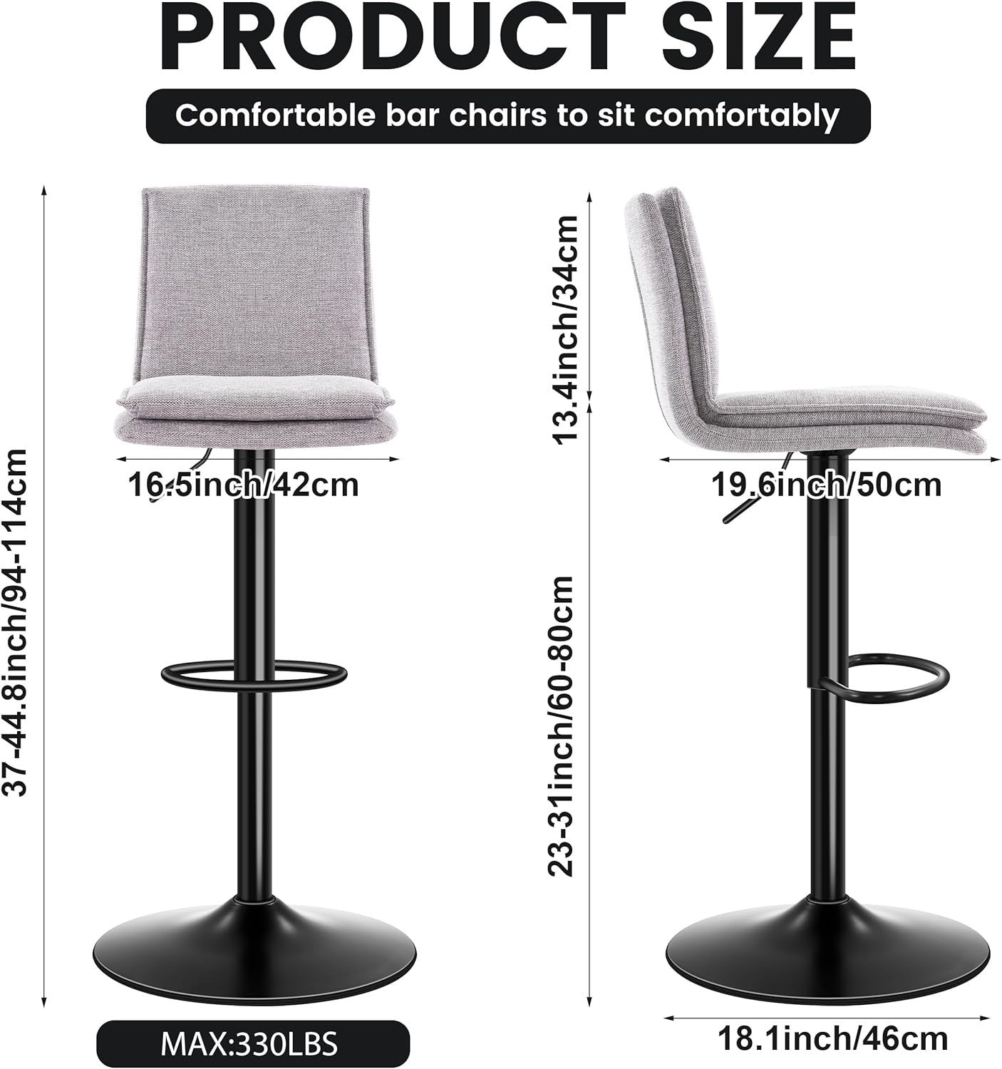 Grey Linen Bar Stools Set of 2 – Adjustable Rotating Kitchen Chairs