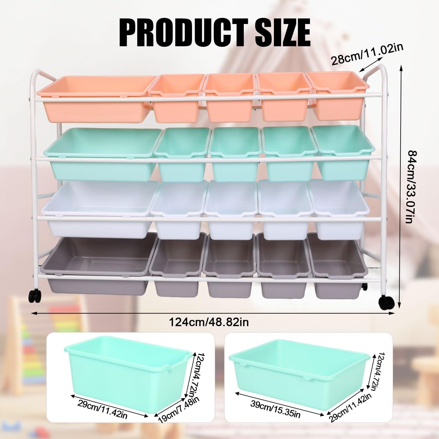 Extra Large Kids Toy Storage Organizer 4 Tier Rack with 20 Bins & Wheels