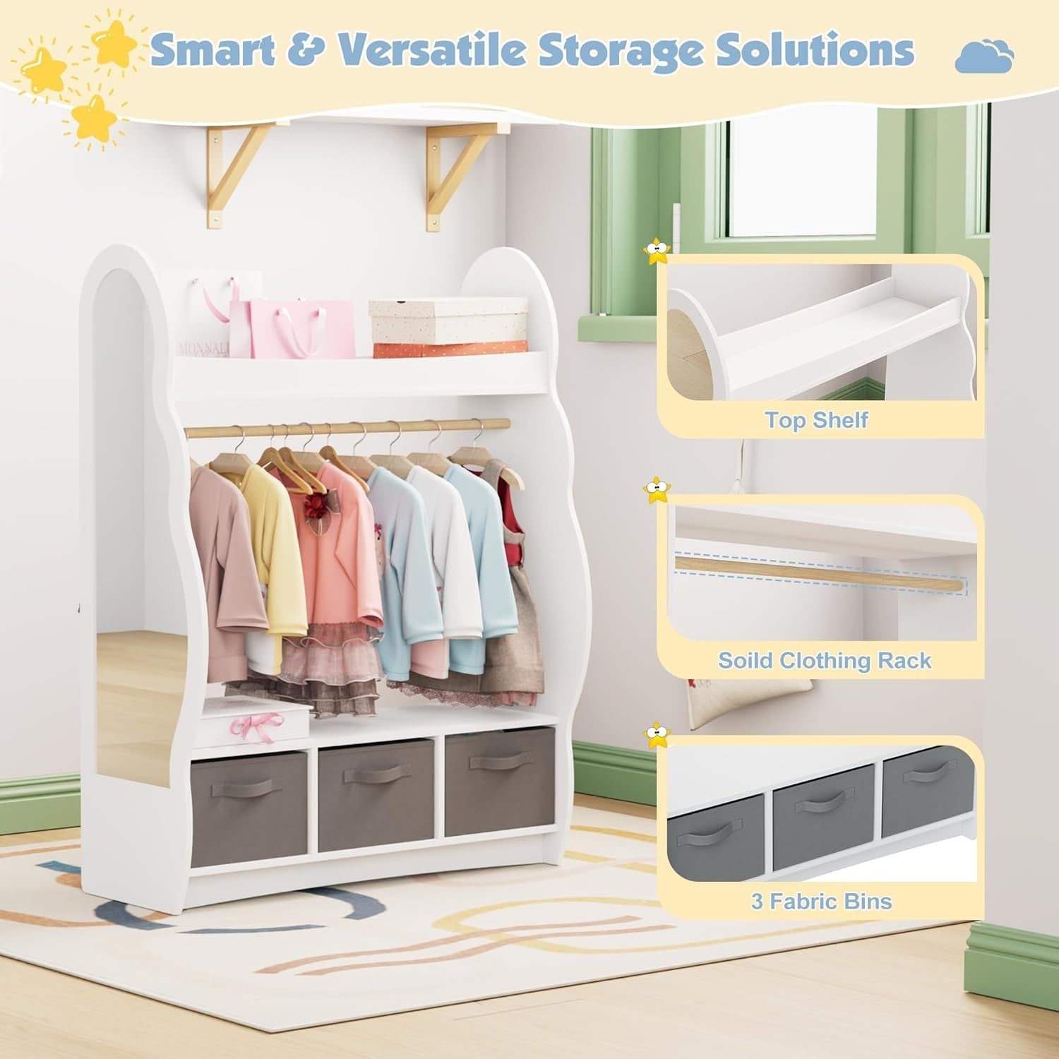 Kids Wardrobe with Mirror, Hanging Rail & 3 Drawers, White Cloud Design
