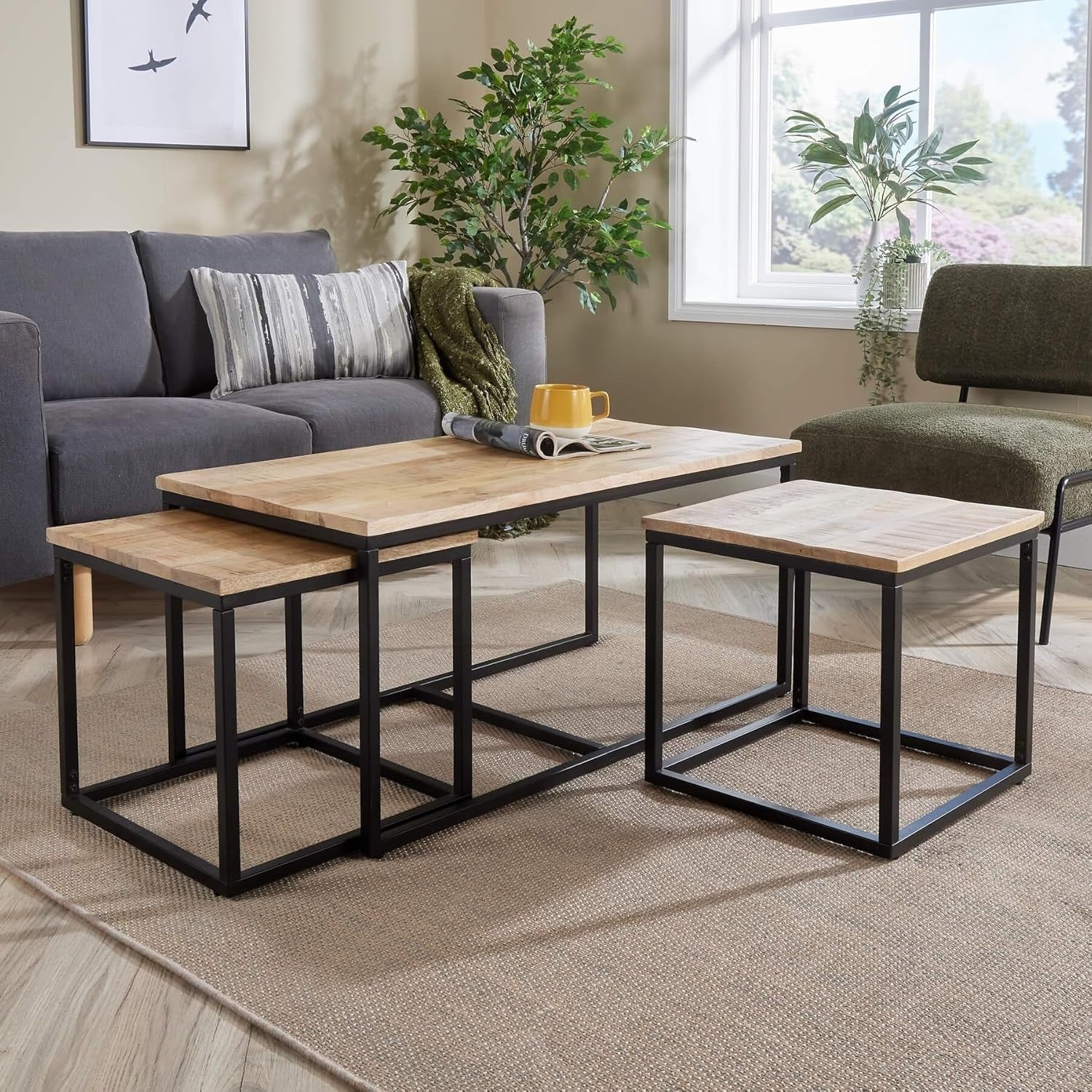 3pc Nesting Coffee Tables Set Mango Wood Metal Frame Modern Industrial Flair
