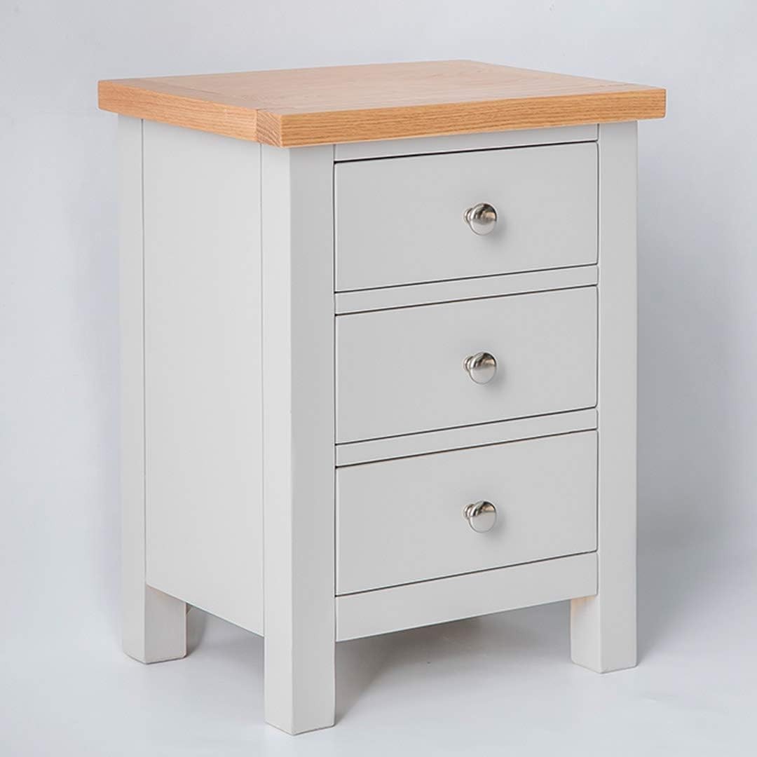 Grey 3 Drawer Bedside Table with Oak Top | Solid Wood Storage Unit