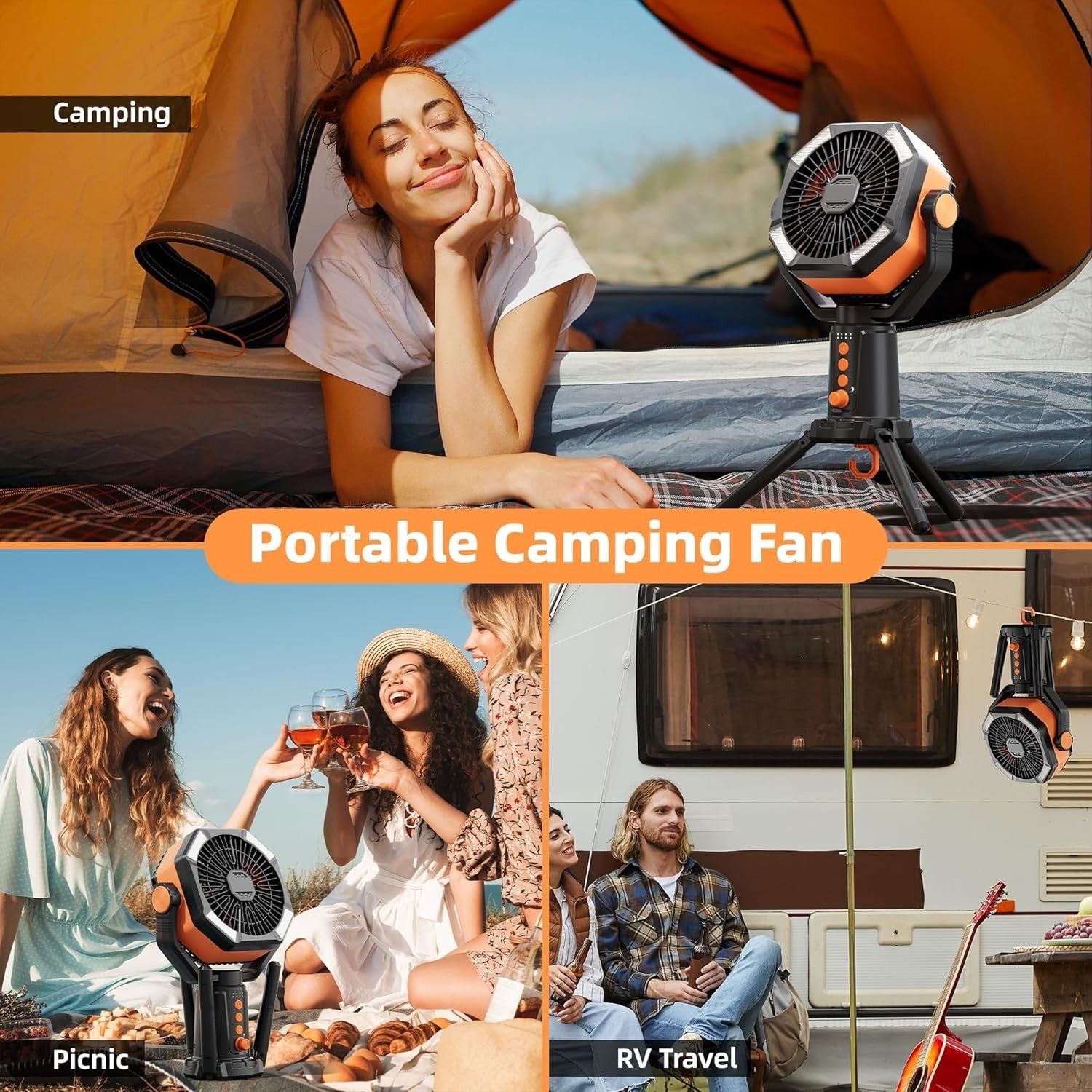 Portable Tripod Fan – 20000mAh Rechargeable LED Camping Fan w/ Remote Orange