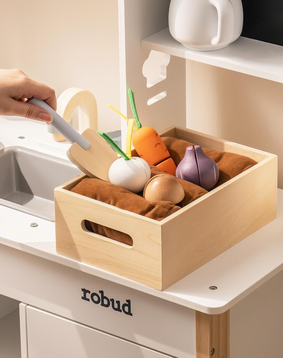 Wooden Kids Play Kitchen w/ Toaster Pizza Plant Box Montessori