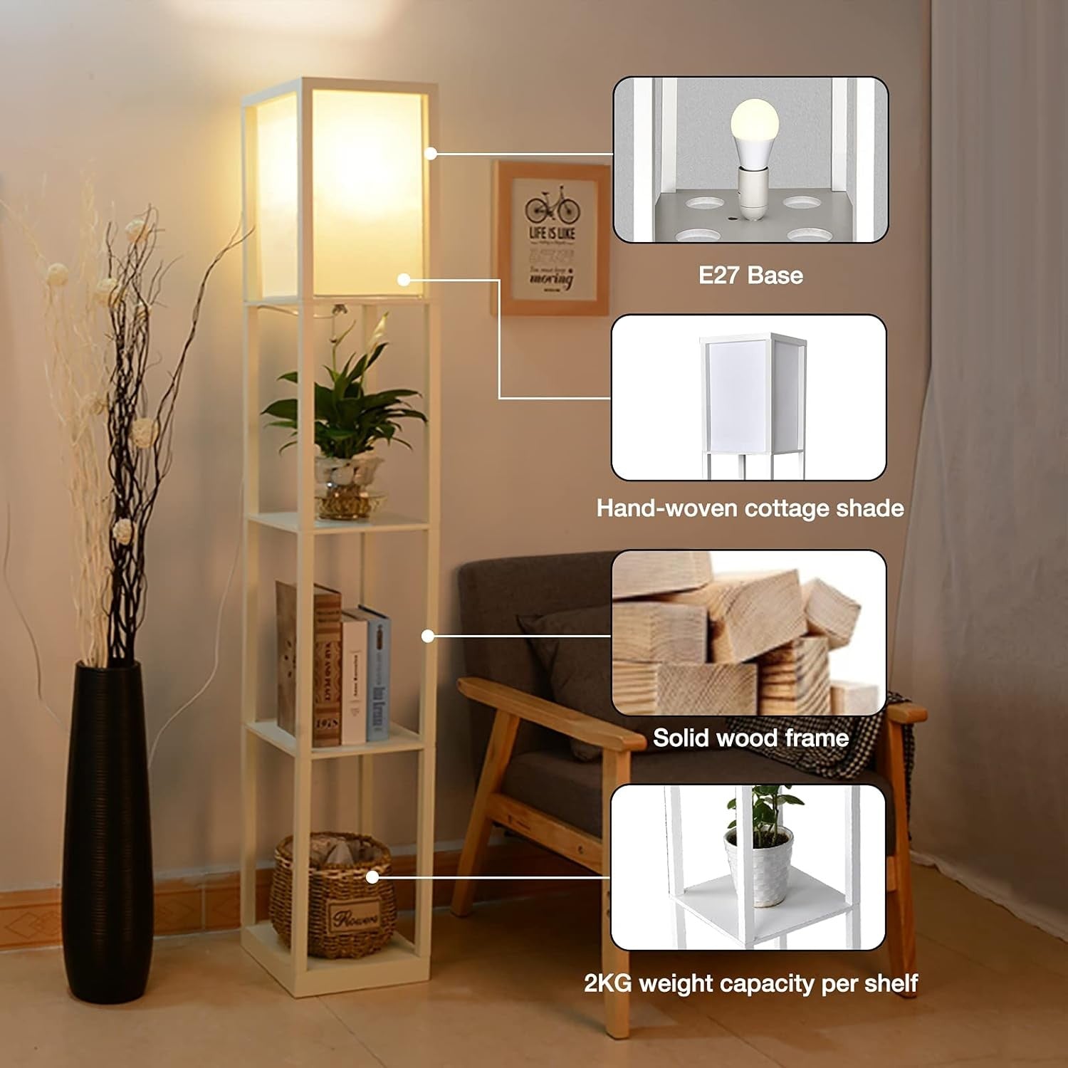 Floor Lamp with Shelves Storage Standing Light Wooden Modern White Tall