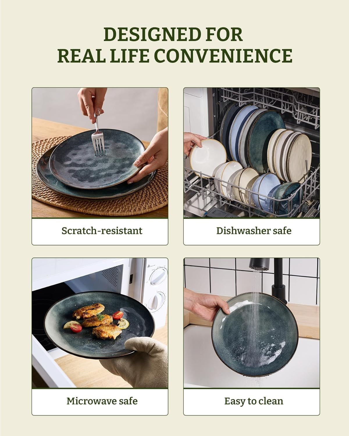 12pc Stoneware Dinnerware Set Plates Bowls Dark Green Service for 4