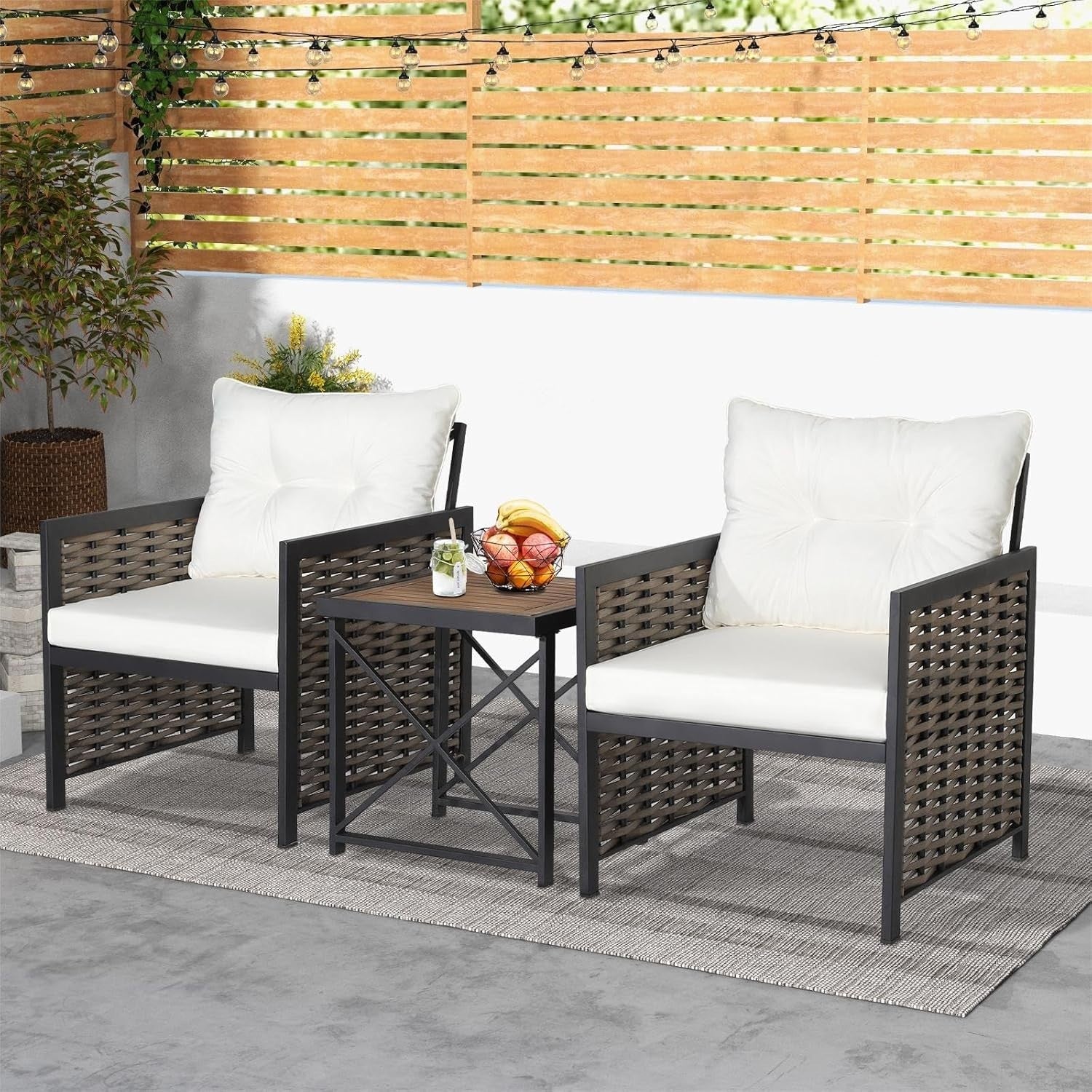 Patio Rattan Bistro Seating Set Acacia Wood Table Deep Cushions Balcony