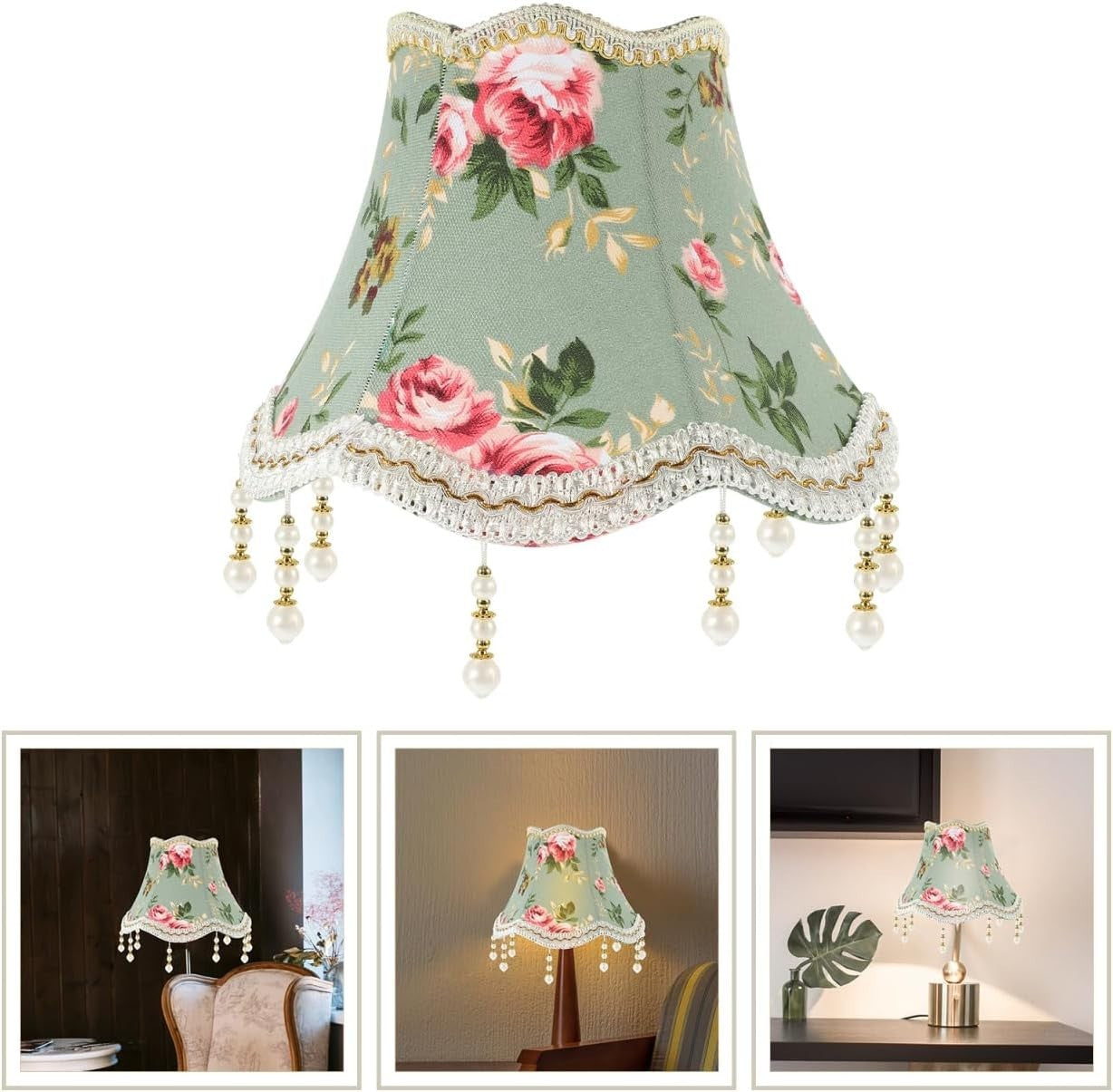 Victorian Retro Lamp Shade Fabric Pearl Tassel Floral E27 Palace Style