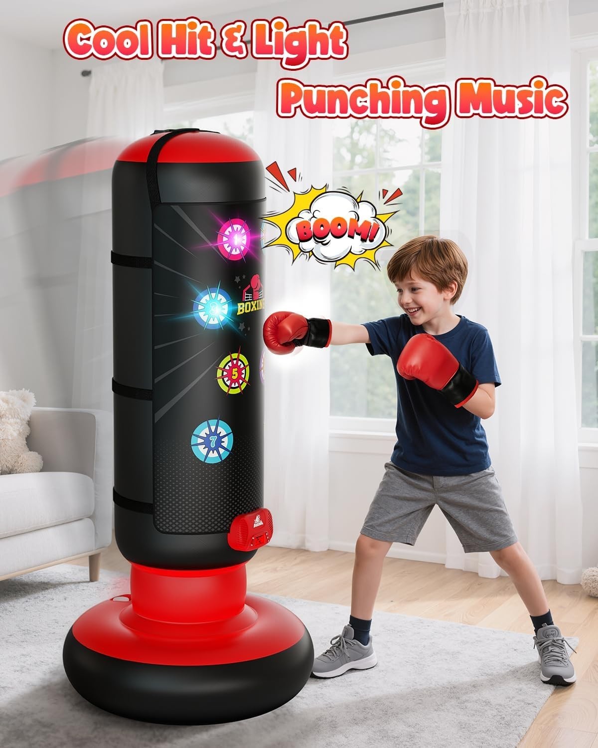 Kids Interactive Punching Bag Inflatable Boxing Game Lights Music