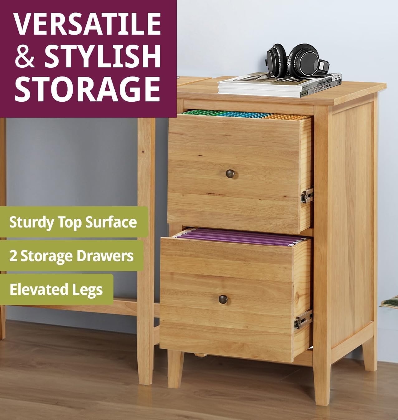 Oak Filing Cabinet 2 Drawer Wooden Office Pedestal Compact Storage