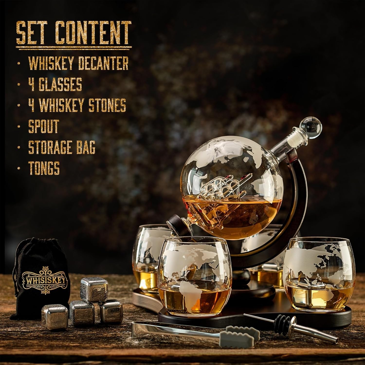 900ml Globe Whiskey Decanter Set with 4 Glasses Stones Tongs Luxury Gift