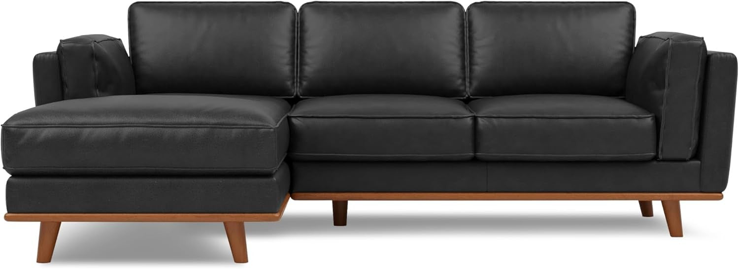 Italian Leather Corner Sofa Black – Left Chaise, Solid Wood, 4 Seater