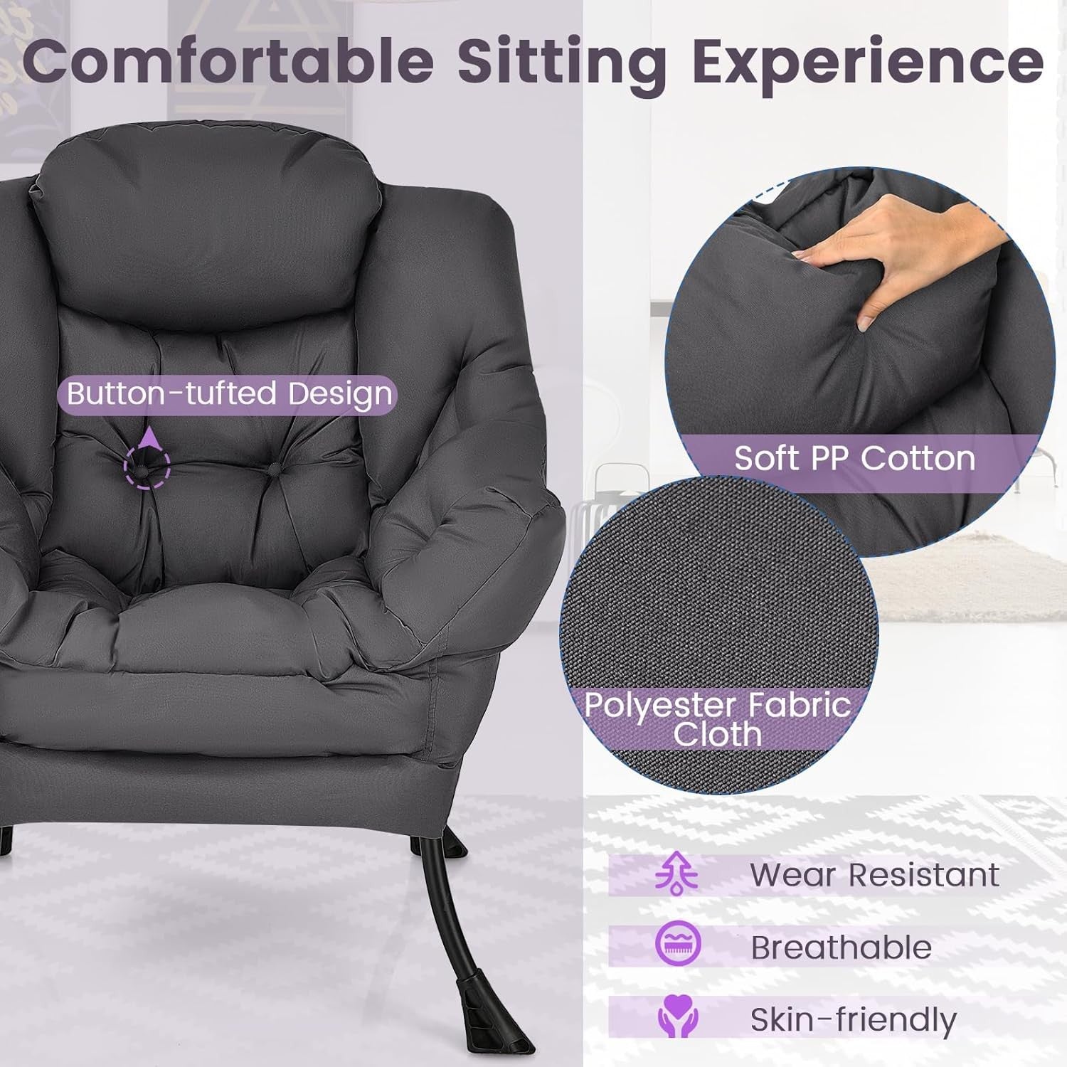 Fabric Lounge Armchair Comfy Reading Chair Metal Frame Grey