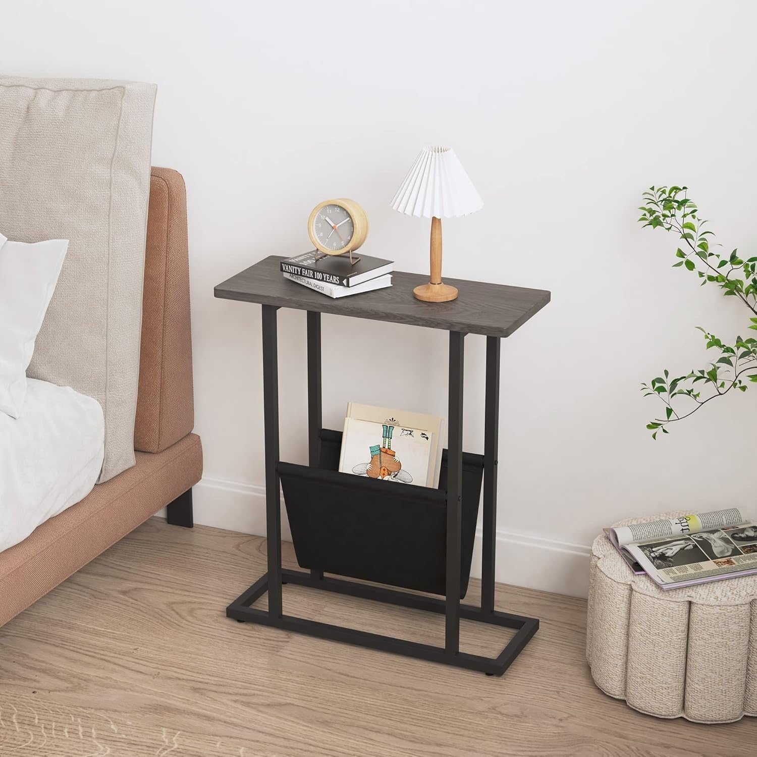 Slim Grey Side Table with Storage Bag – Narrow End Table for Sofa/Bed