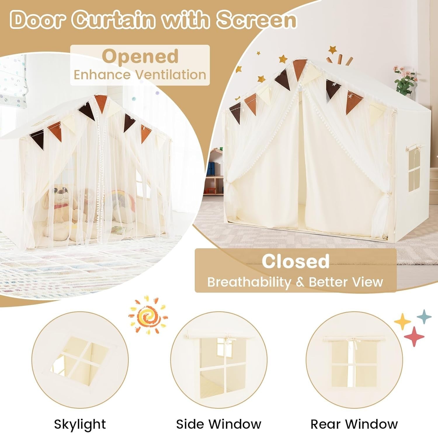 Beige Kids Fairy Castle Play Tent Indoor Outdoor w Lights Mat Curtains