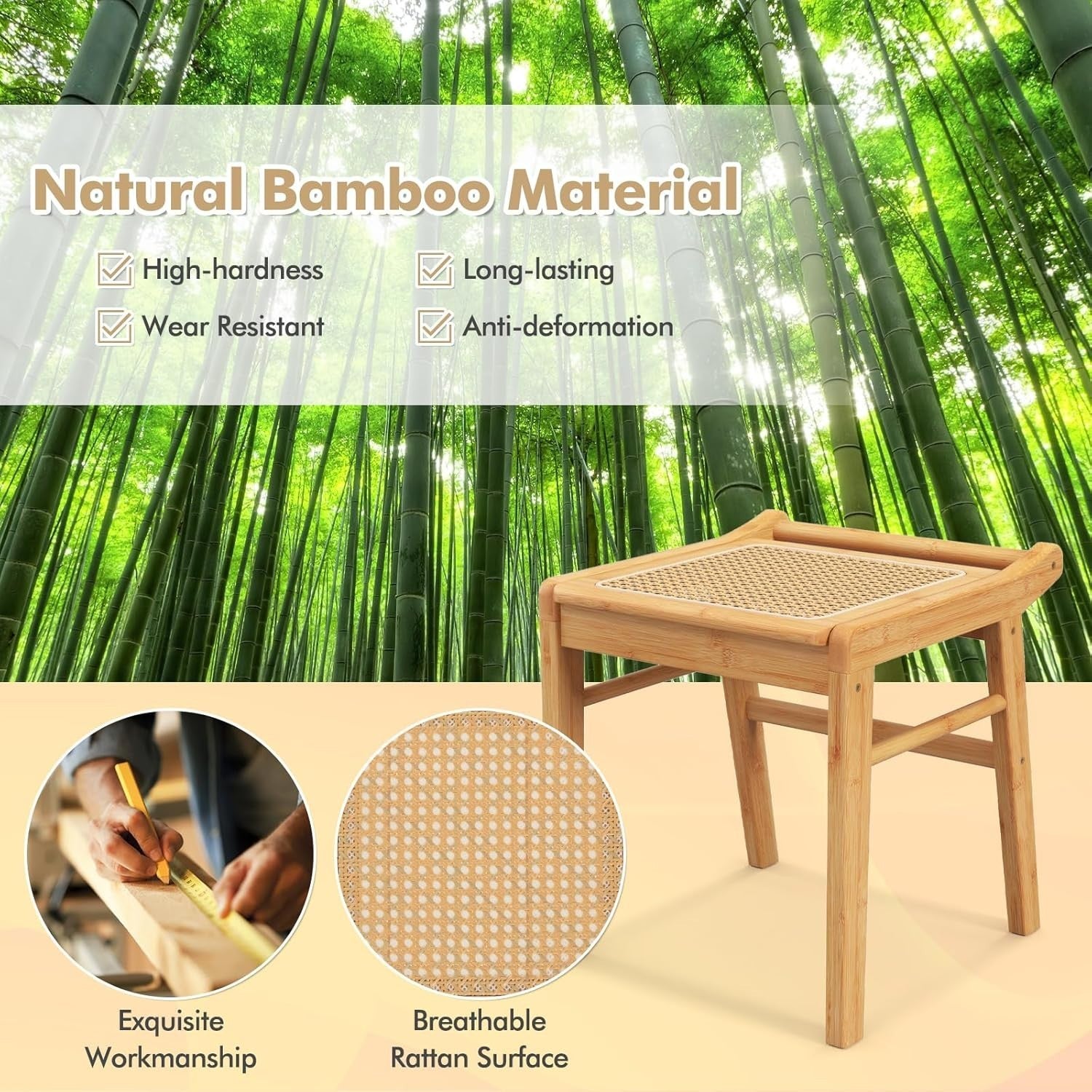 Natural Bamboo Vanity Stool Rattan Top Footrest Dressing Table Seat 38×40×43cm