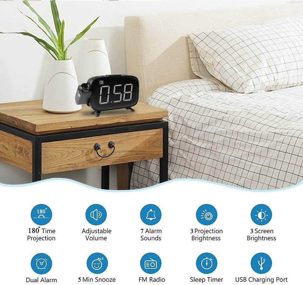 Projection Alarm Clock FM Radio 180° Ceiling Display Snooze LED Digital