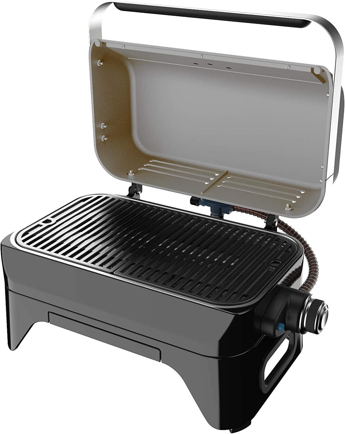 Portable Tabletop Gas BBQ Grill with Lid Thermometer Cast Iron Cooking Surface