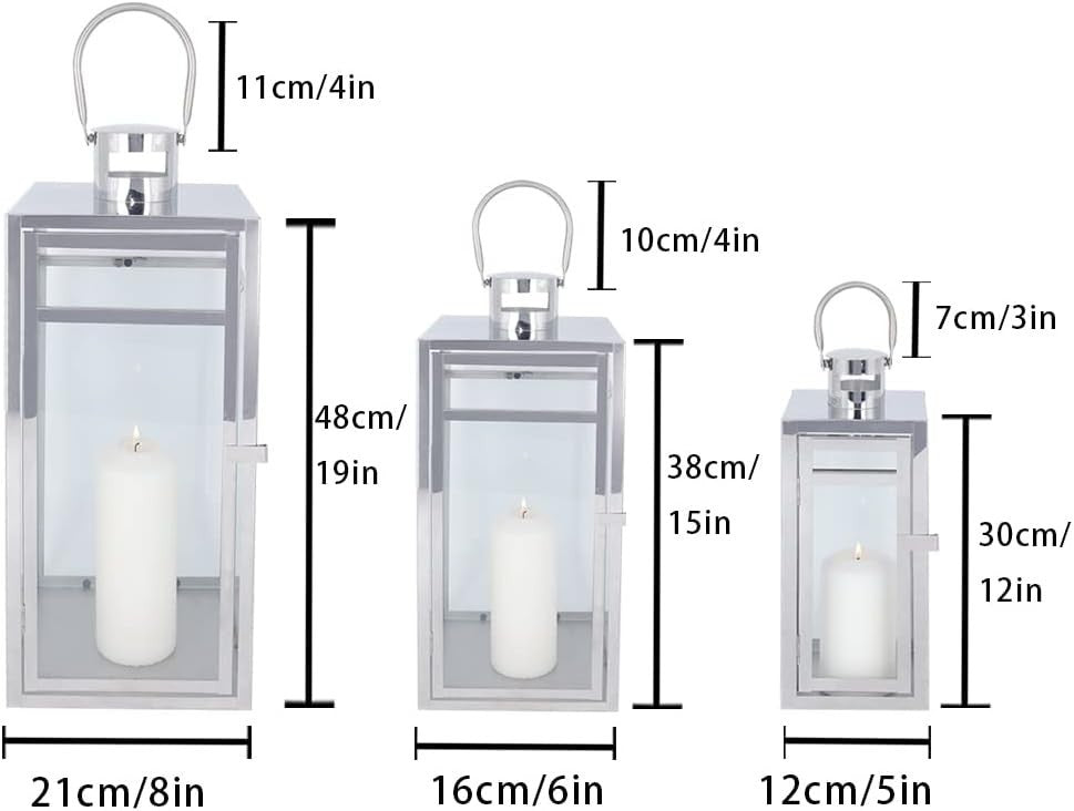 3 Pack Silver Stainless Steel Candle Lanterns Indoor Outdoor Decor