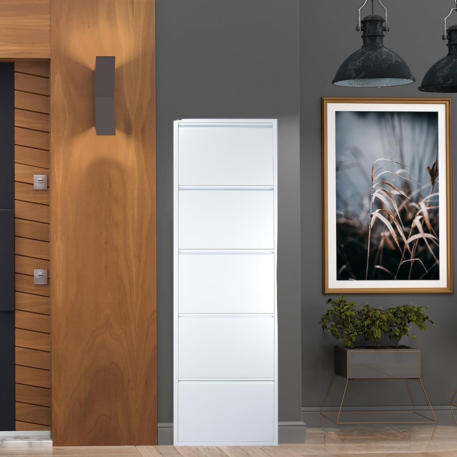 Wall Mounted Slim Shoe Cabinet White – 5-Tier Metal Storage Unit 170cm