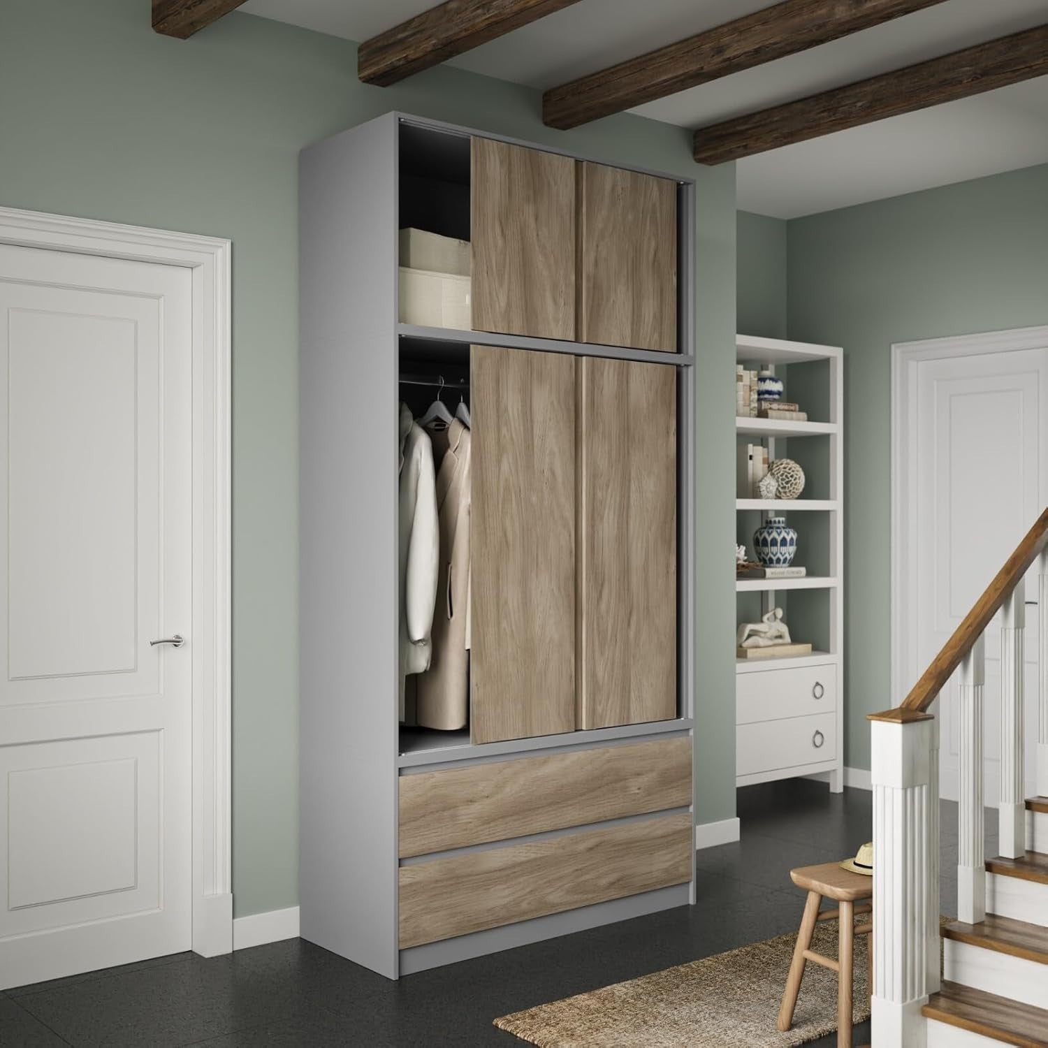Oak Sliding Wardrobe 240cm 6 Doors 4 Drawers Bedroom Closet Storage Unit
