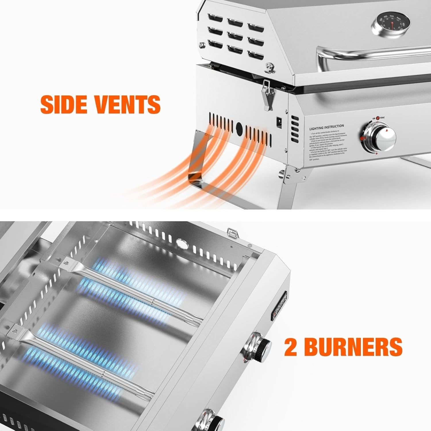 Portable 2 Burner Gas BBQ Plancha Grill with Lid & Thermometer | Tabletop
