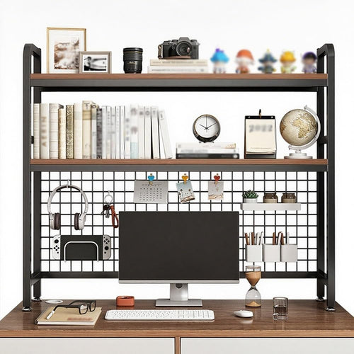 Black 2-Tier Desktop Hutch Bookshelf Desk Organizer w/ Mesh Grid Panel 55cm