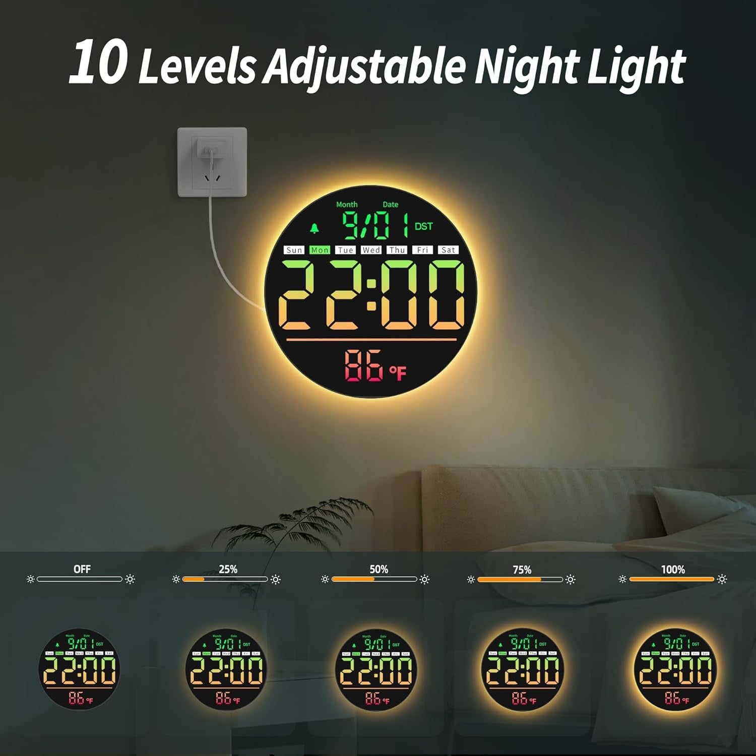 Round LED Digital Wall Clock RGB Display Temp Date Timer Alarm Remote Control