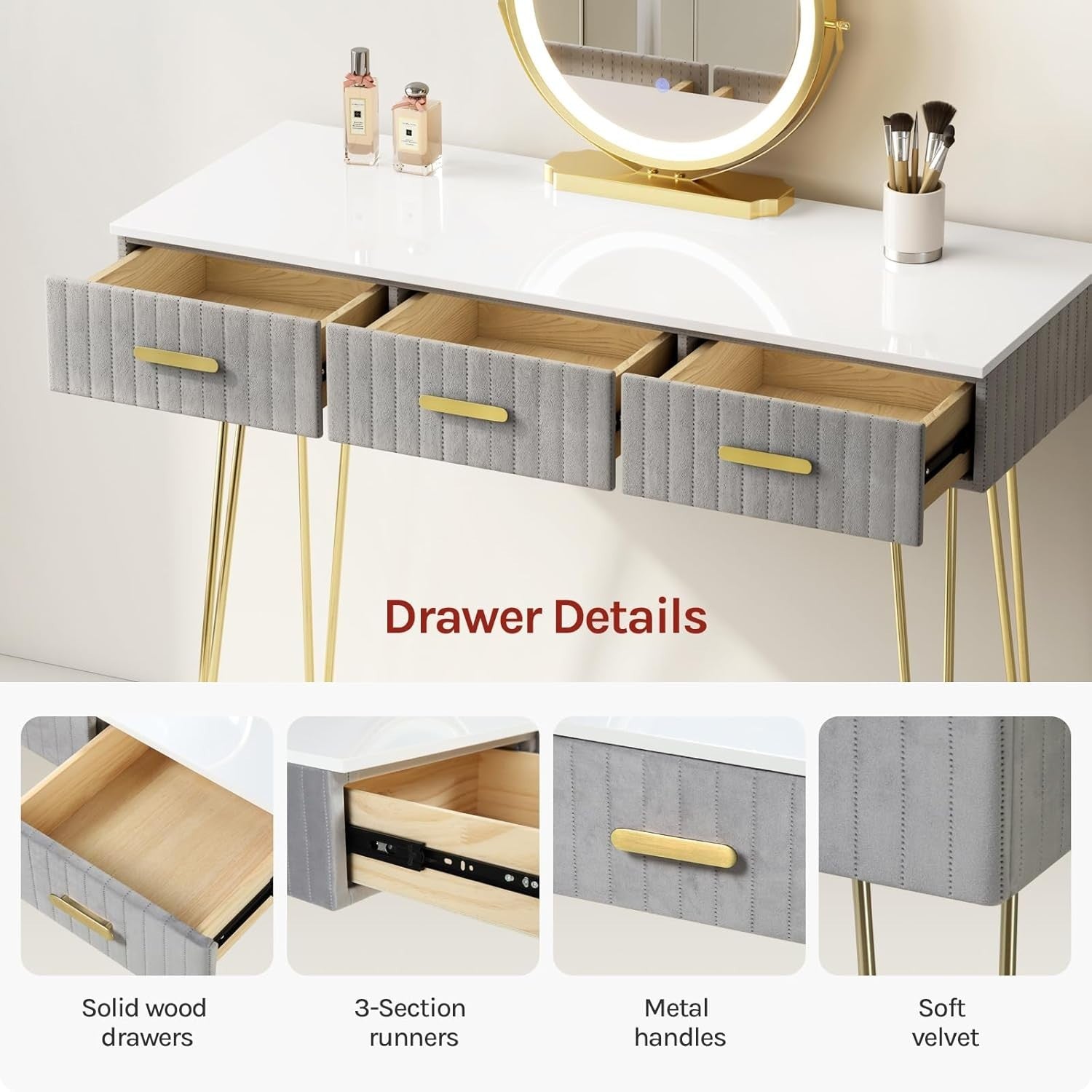 Velvet Dressing Table with Lighted Mirror Stool 3 Drawer Vanity Desk Set