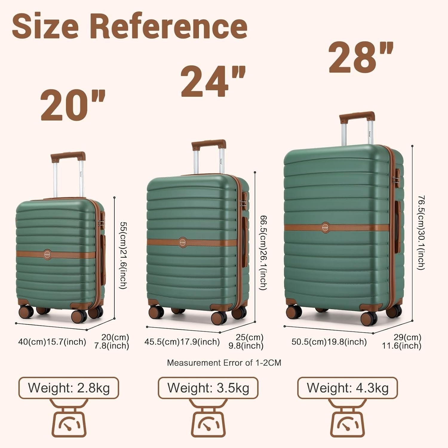 24'' Green Brown Check In Suitcase ABS PC Hard Shell Spinner Wheels Lock
