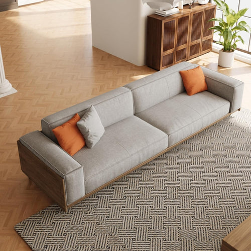 Modern Light Grey 4-Seater Sofa with Wooden Base & Decorative Cushions
