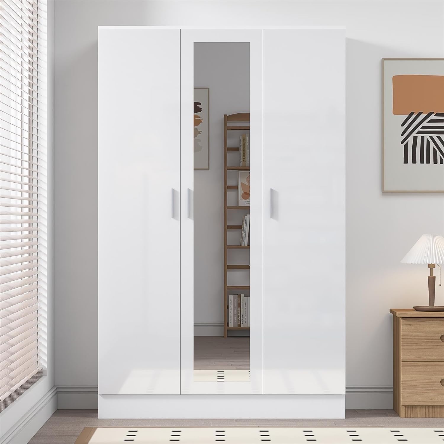 3 Door Mirrored Wardrobe White Gloss with Hanging Rail & 4 Shelves Storage