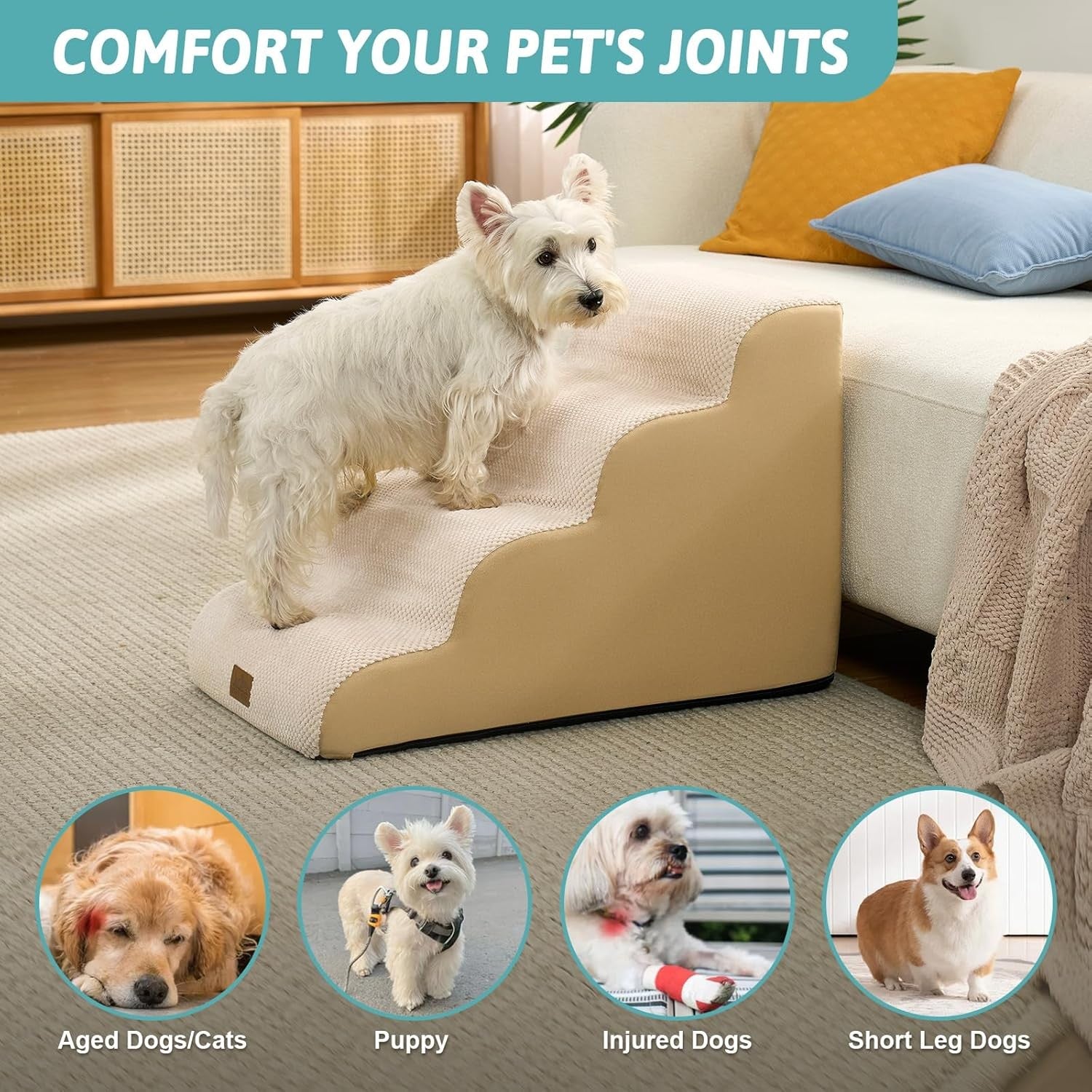 Dog Stairs 4 Step 19.7in Foam Pet Ramp for Bed Sofa Car Beige
