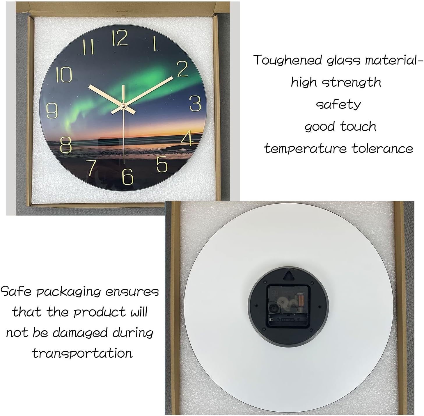 Aurora Wall Clock 12" Glass Silent Non-Ticking Modern Green Gold Home Decor