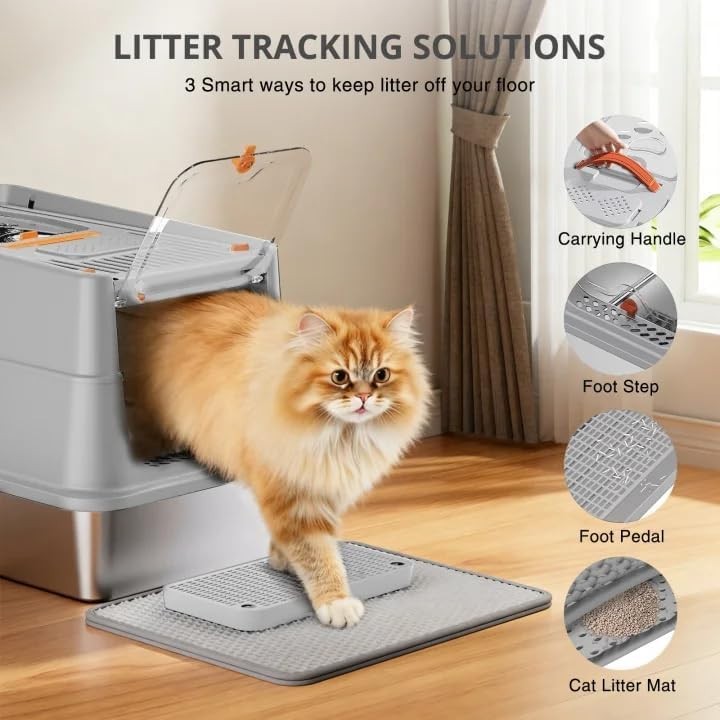 XL Stainless Steel Cat Litter Box Front Top Entry High Sided Grey